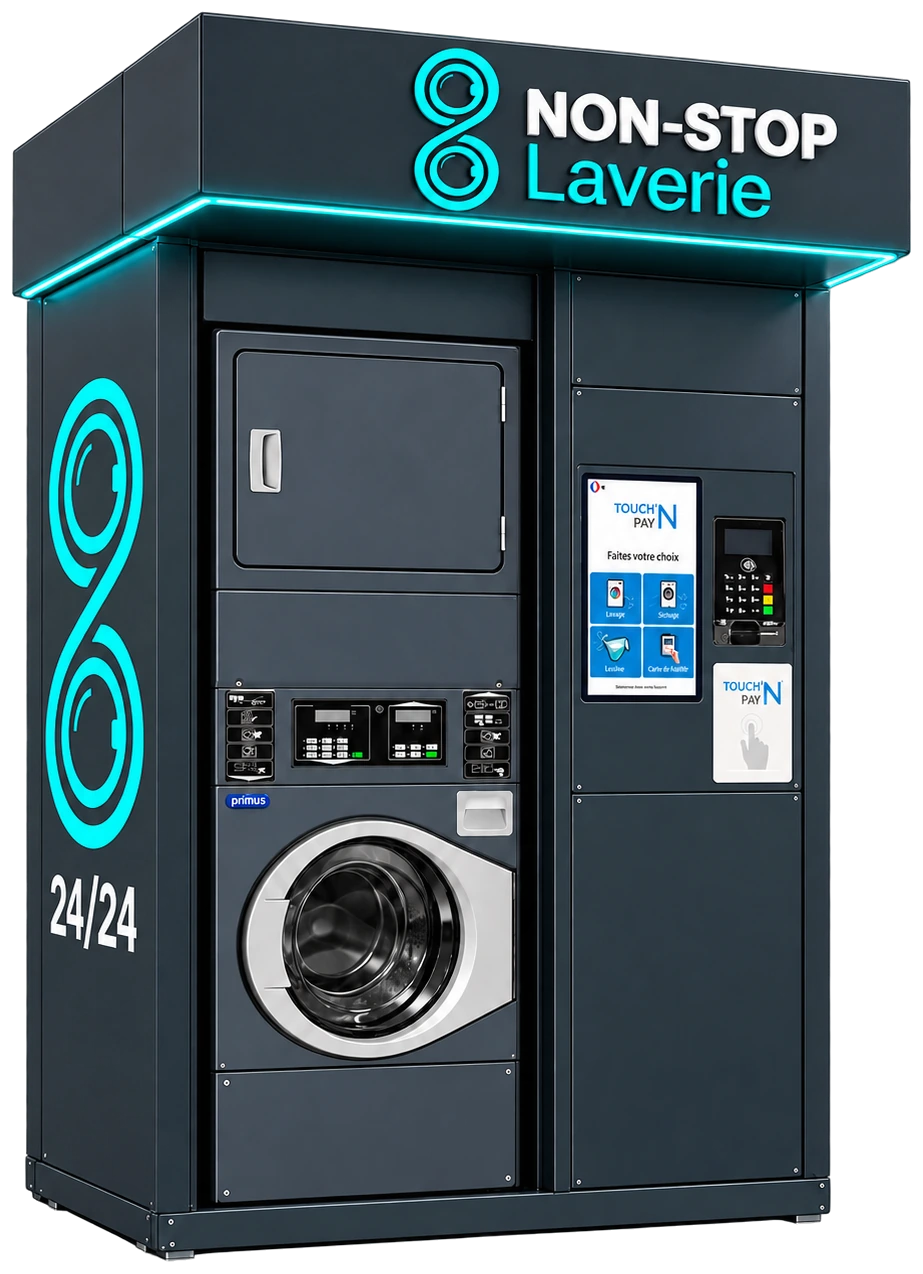 Rendu du kiosque NON-STOP Compact, équipé de Primus SPS10 et d’une centrale Touch’N Pay