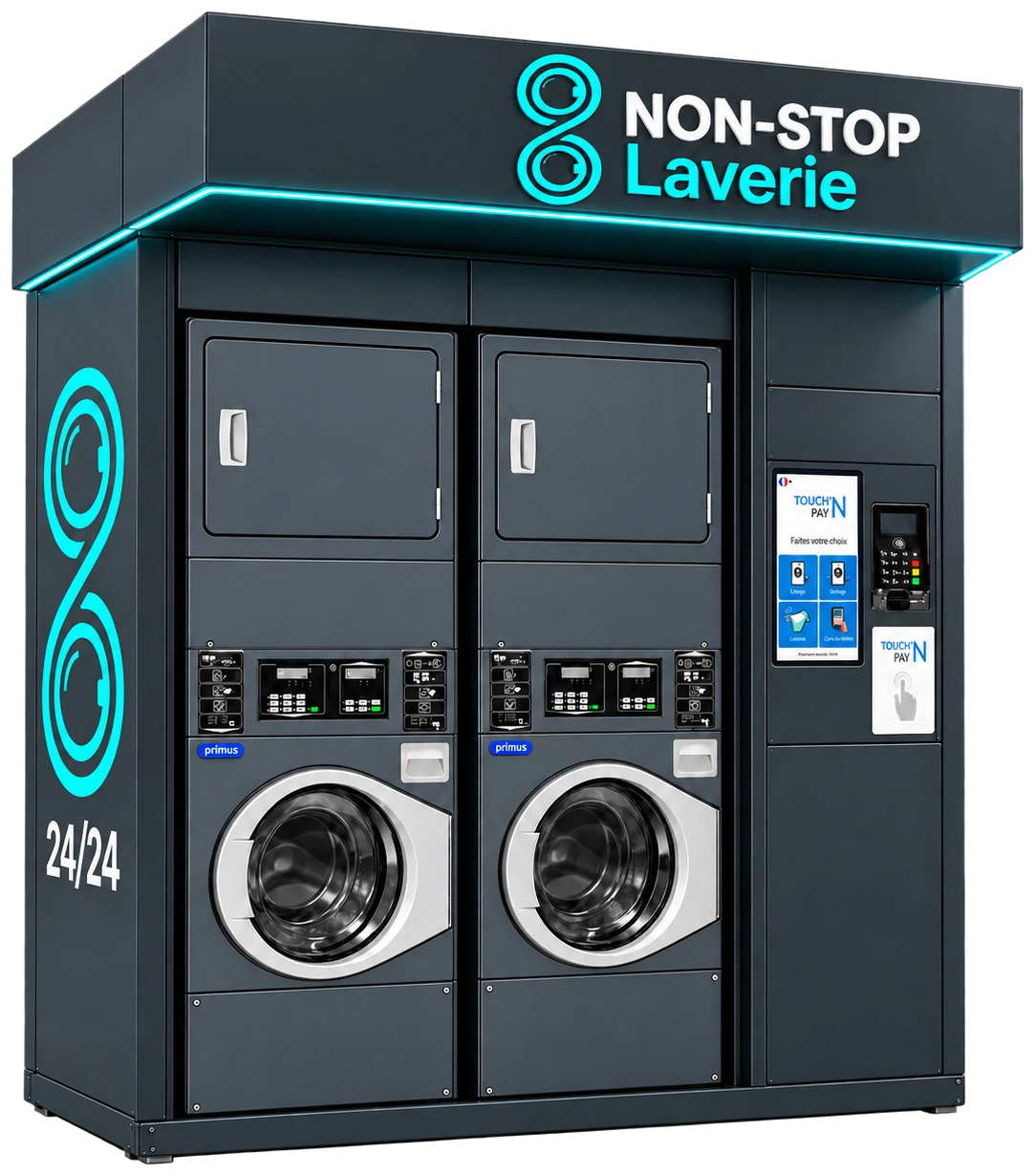 Rendu du kiosque NON-STOP Duo, équipé de Primus SPS10 et d’une centrale Touch’N Pay